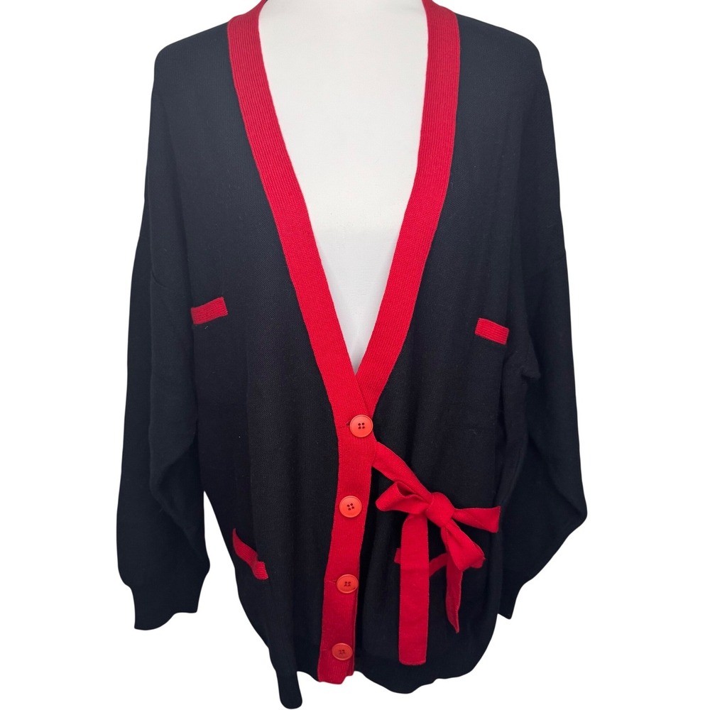VTG Sonia Rykiel‎ Paris Black Red Knit Button Front Tie Waist Cardigan Sweater 6